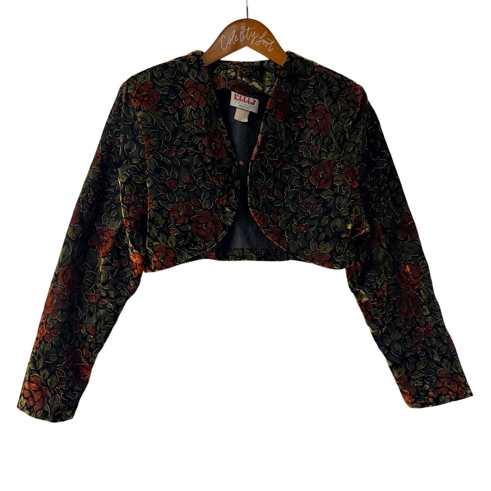 Velvet Floral Bolero Crop Jacket Vintage Blazer Kelly Fashion Medium Floral